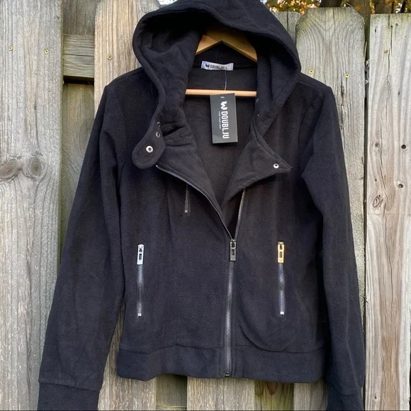 Black Fitted Fleece Moto Jacket with Hood Size Large Soft Biker Jacket - Picture 3 of 8